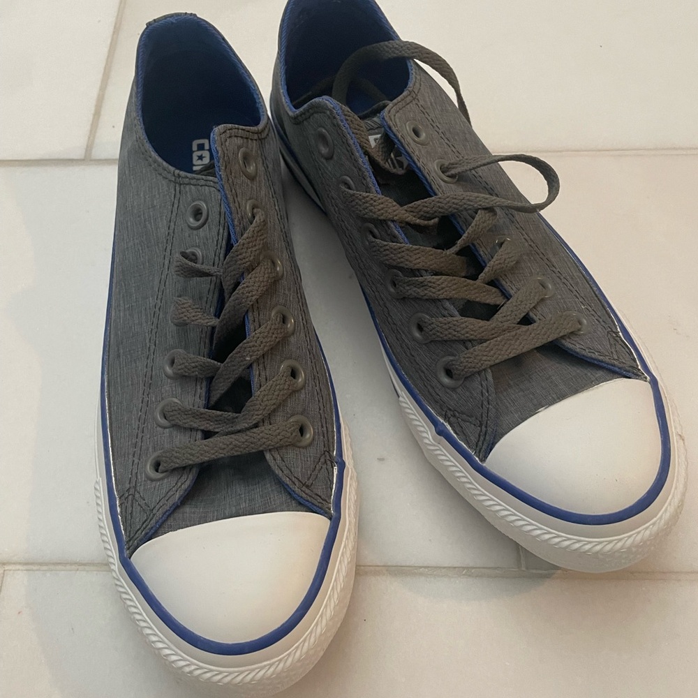 Gray Low-Top Canvas Sneakers with Blue Trim.  Brand New. Unisex Size.